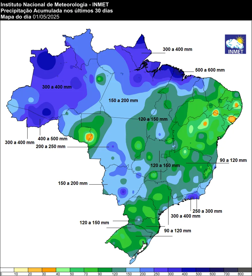 A imagem mostra a precipitação acumulada nos últimos 30 dias